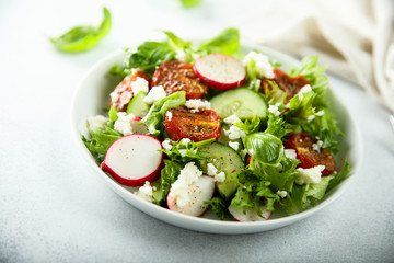 Healthy salad with sun dried tomatoes and fresh cheese