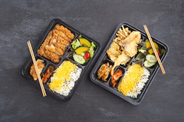 Japanese bento set with tonkatsu and tempura
