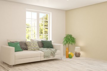 White living room with sofa and summer landscape in window. Scandinavian interior design. 3D illustration