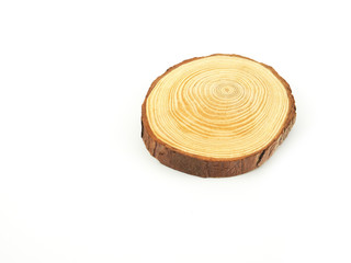 Part of a tree cut into circles for coasters, water, or food isolated on a white background..