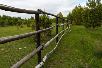 Old wooden fence made of tree trunks