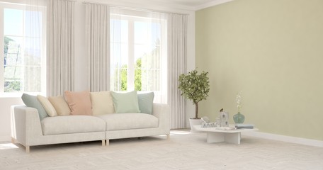 White living room with sofa. Scandinavian interior design. 3D illustration