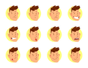 Man face expressions. Set of different male facial emotions. Attractive cartoon character. Happy, sad, surprised, tired, in love, laugh, angry and other emotions