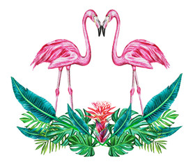 A pair of pink flamingos and a bouquet of tropical branches and leaves. Watercolor print for invitation, birthday, celebration, greeting card, prints and much more.