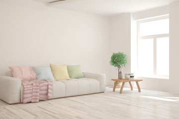 White living room with sofa. Scandinavian interior design. 3D illustration