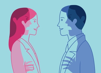 Vector profile portraits of young woman and man who smile at each other hiding mutual hostility