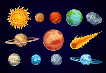 Cartoon solar system planets. Astronomical observatory small planet. Astronomy galaxy space. Sun Mercury Venus Earth Mars Jupiter Saturn Uranus Neptune Comet Asteroid © designer_things