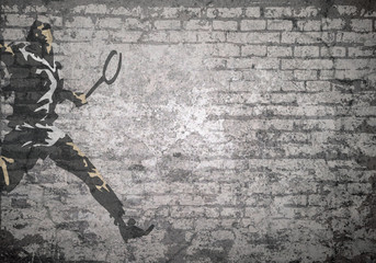 Grunge decayed faded brick wall background with stylized tennis player with copy space for own text 