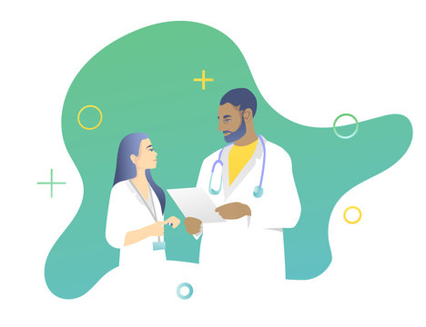 The Concept Of Medical Staff. A Female Lab Technician In A White Coat Is Talking To The Head Physician. Blue-green Design Vector Illustration.