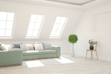 White living room with sofa. Scandinavian interior design. 3D illustration