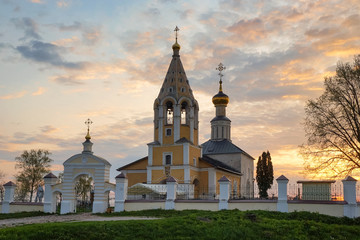 Church of the Nativity of the Virgin in Gorodnya village, Tver region, Russia. Sunrise time, picturesque sky with clouds