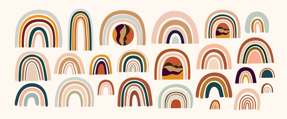 Decorative abstract horizontal banner with colorful doodles. Abstract shapes and rainbows. Hand-drawn modern illustrations. Pre-made abstract prints	