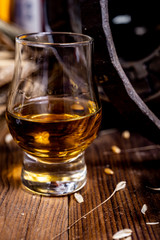 Small tasting glasses with aged Scotch whisky on old dark wooden vintage table with barley grains