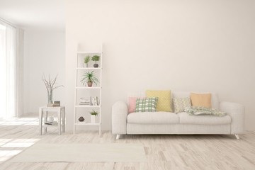 White living room with sofa. Scandinavian interior design. 3D illustration