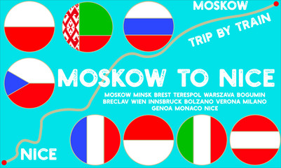 Poster tourism train trip Moskow to Nice 