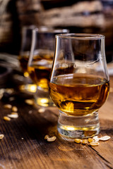 Small tasting glasses with aged Scotch whisky on old dark wooden vintage table with barley grains