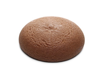 Round chocolate cake, pastry with creamy filling isolated on white background