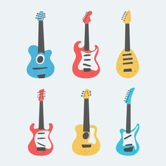 Fototapeta premium Set of acoustic and electric guitars on light background. String musical instruments on cute flat cartoon style. Vector illustration