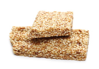 Granola muesli protein, energy bar with sesame seeds isolated on white background