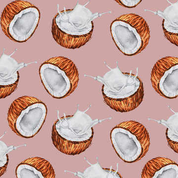 Coconut watercolor pattern. Coconut with milk and splash, dusty rose background color. Hand drawn illustration, fashion watercolor.