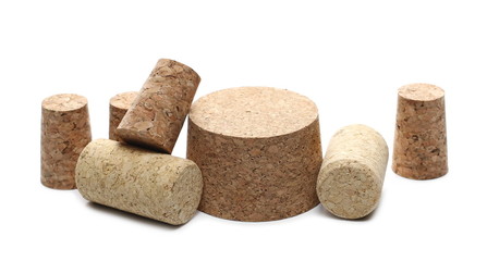 Traditional wine corks, plugs of different shapes and sizes isolated on white background
