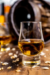 Small tasting glasses with aged Scotch whisky on old dark wooden vintage table with barley grains
