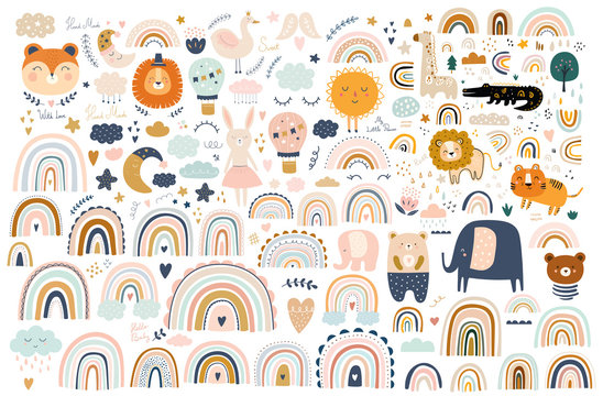 Abstract doodles. Baby animals pattern. Fabric pattern. Vector illustration with cute animals. Nursery baby pattern illustration	