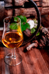 Tasting of aged french cognac brandy in old cellars of cognac-producing regions Champagne or Bois, France