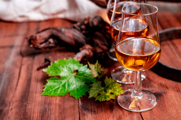 Tasting of aged french cognac brandy in old cellars of cognac-producing regions Champagne or Bois, France
