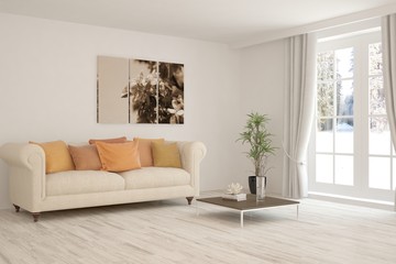 White living room with sofa. Scandinavian interior design. 3D illustration
