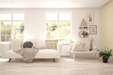 White living room with sofa. Scandinavian interior design. 3D illustration