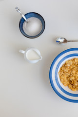 Cornflakes in blue and white bowl, milk, sugar. White background, flatlay