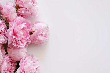 Studio shot of beautiful peony flowers over textured background with a lot of copy space for text. Feminine floral composition. Close up, top view, backdrop, flat lay.