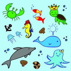 Sea animals vector set. Sea life cartoon set.