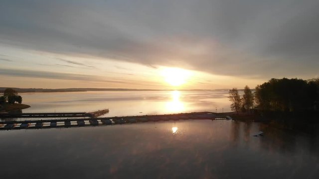  Sunrise on the lake. Drone shooting.