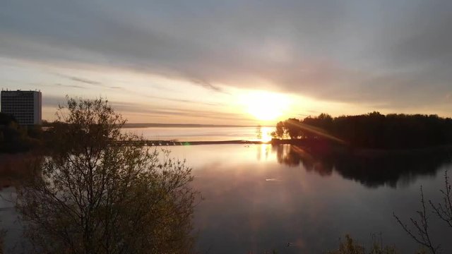  Sunrise on the lake. Drone shooting.