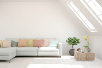 White living room with sofa. Scandinavian interior design. 3D illustration