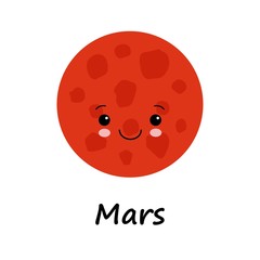 Obraz premium Vector cartoon illustration of cute smiling Mars face. Colorful Vector Illustration of red planet in space on white background.