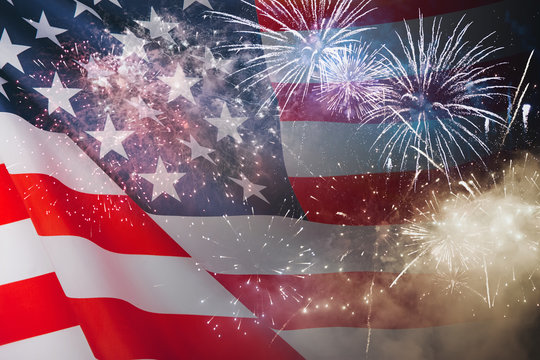 Celebration background for american holidays. American flag and fireworks.
