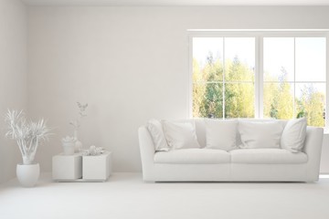 White minimalist living room with sofa. Scandinavian interior design. 3D illustration