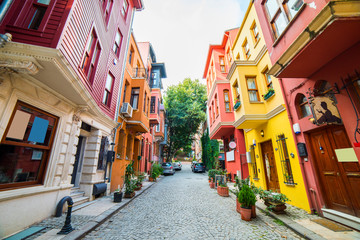 Historical colorful houses in KUZGUNCUK. Kuzguncuk is a neighborhood in the Uskudar district in Istanbul, Turkey. . - obrazy, fototapety, plakaty