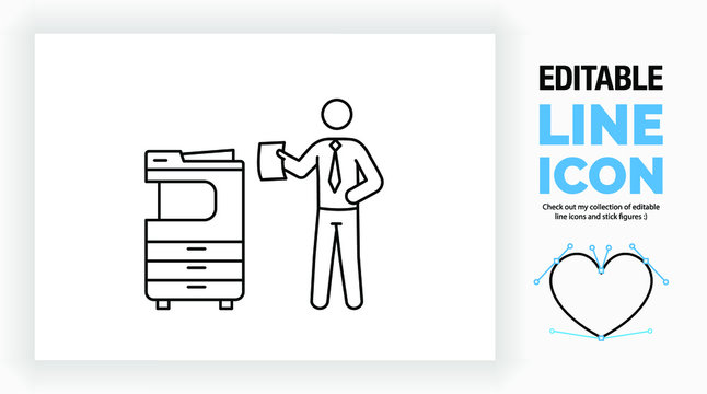 Editable Line Icon Of A Stick Figure Businessman Standing Next To The Copier In The Print Room Of The Office Holding A Paper File Waiting For The Rest Of The Document In A Black Stroke As A Eps Vector