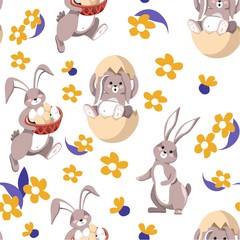 Cute easter rabbit in egg shell seamless pattern