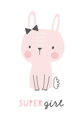 Obraz na płótnie Canvas Baby shower card. Super girl pink bunny with a bow. Cute rabbit character. Nursery wall art illustration.