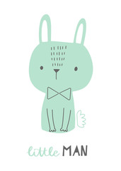 Little man. Baby shower card with cute bunny with a bow tie. Boy rabbit animal character. Baby poster, nursery wall art, card, invitation, birthday.