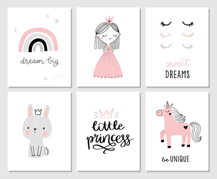 Cute girl nursery posters for baby room, greeting card, baby shower invitations. Little princess, unicorn, bunny, rainbow. Hand drawn vector illustration for prints, cards, apparel. Scandinavian style