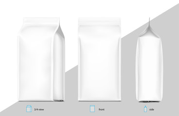 Coffee bag package mockup. Front, side and perspective view. Vector illustration on white background. Packaging mockup ready for your design, presentation, promo, adv. EPS10.	