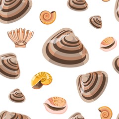 Marine conches and shells, sealife seamless pattern vector