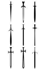 A set of nine different types of medieval and game swords. Illustration for various purposes of icons, brochures, banners, logos.