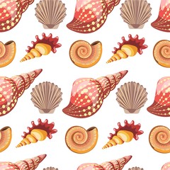 Seashell and conch, sealife animals, mollusks seamless pattern